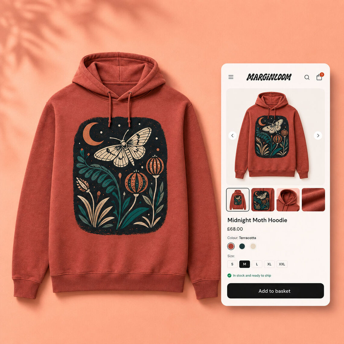 Printed hoodie with a concise online collection preview