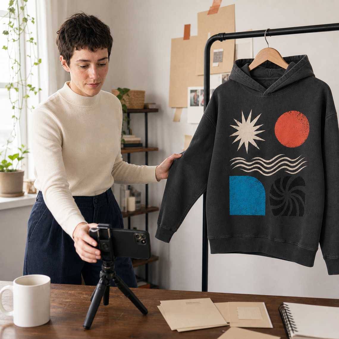 Creator framing a printed hoodie for a product video in a home studio