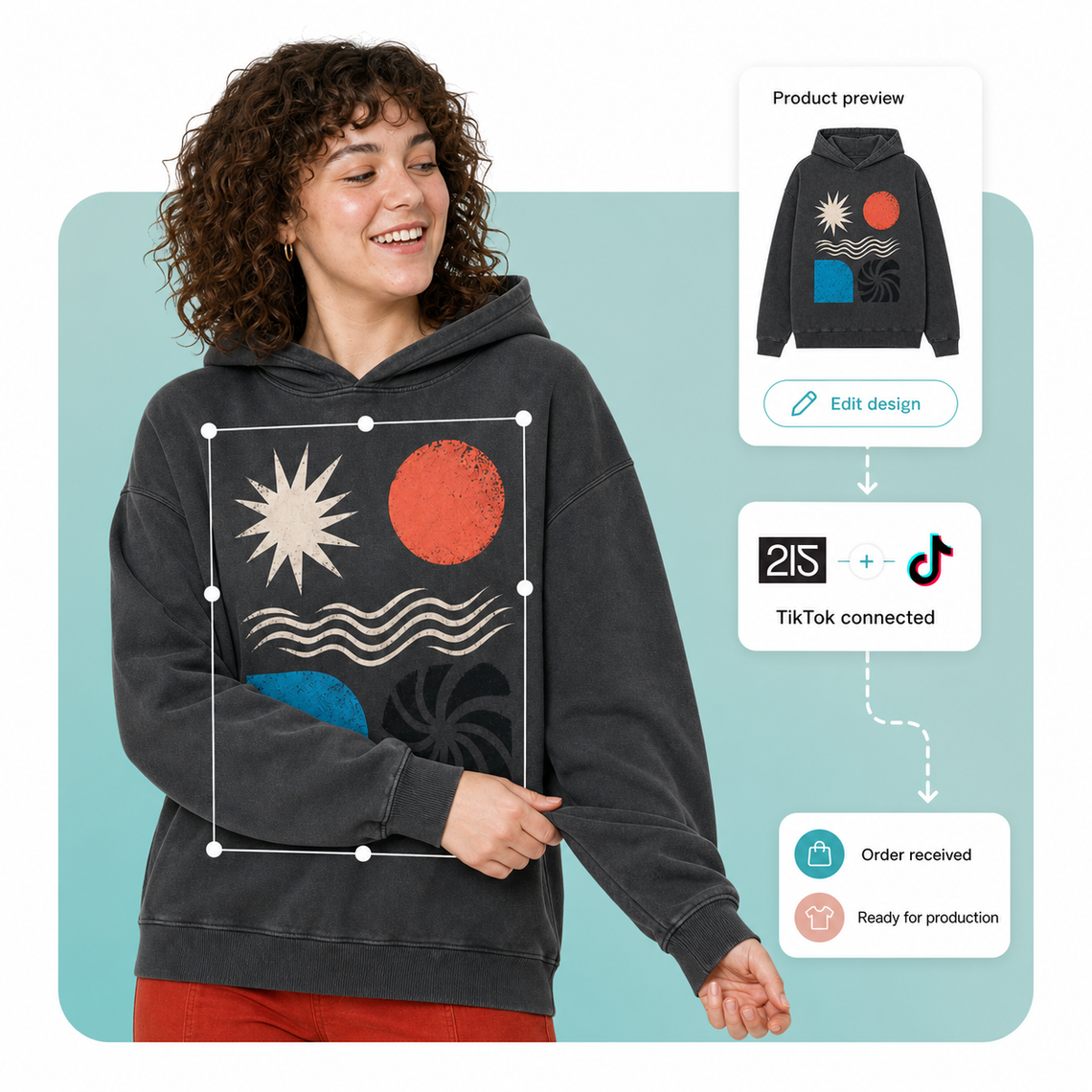 Creator wearing a printed hoodie beside TikTok Shop and Two Fifteen order states