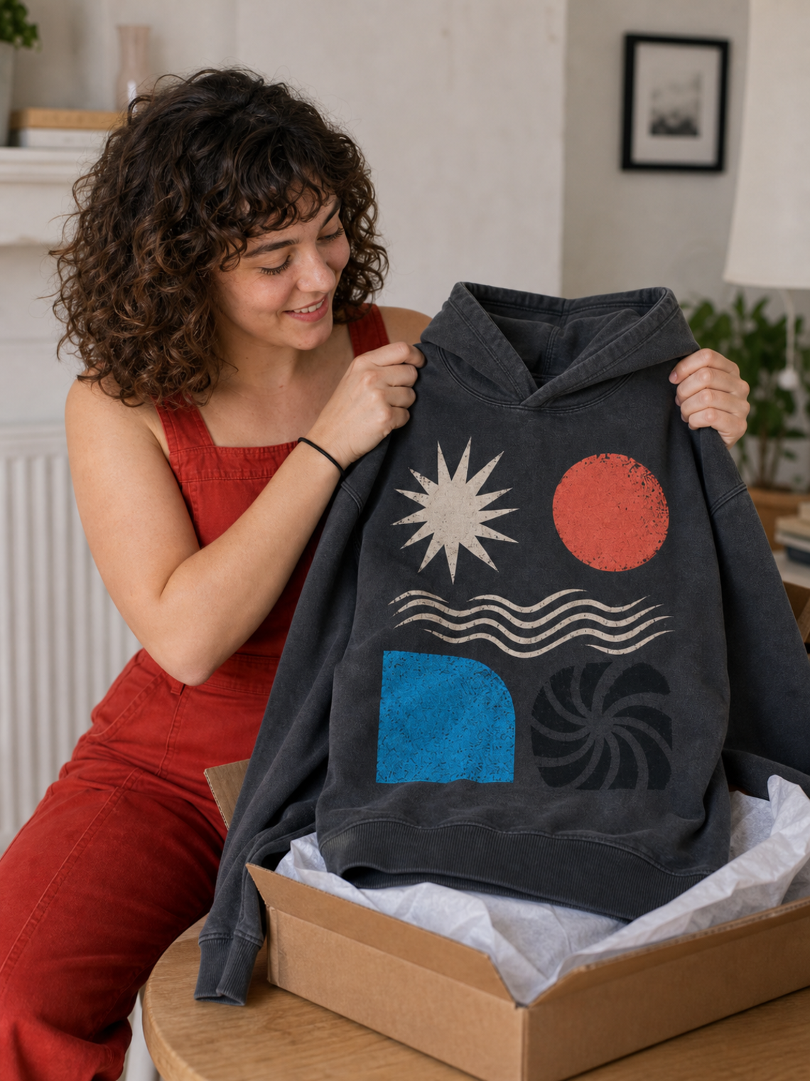 Customer opening a parcel containing the finished Signal Loop hoodie