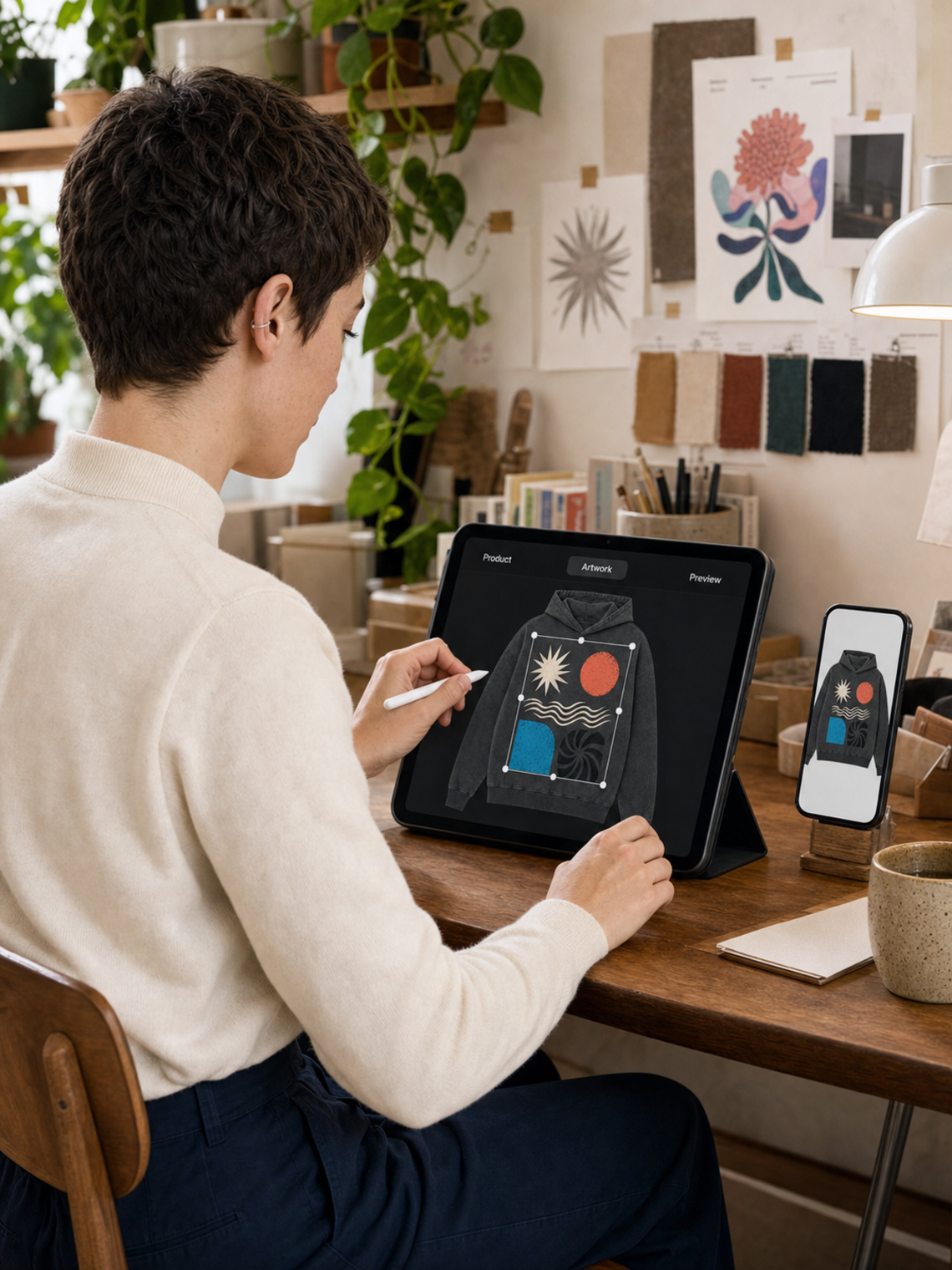 Creator preparing the Signal Loop hoodie in a tablet product editor