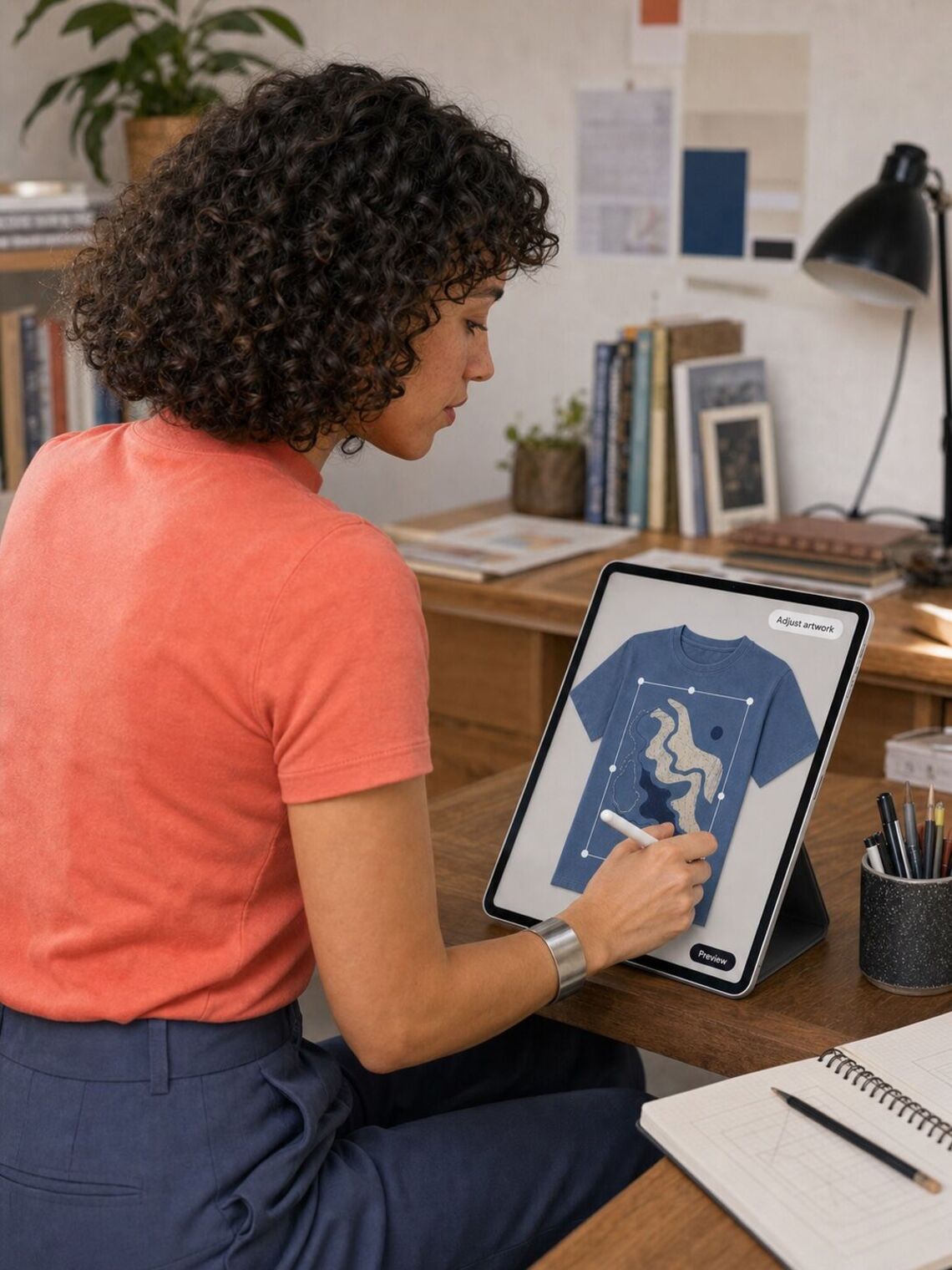 Designer positioning the route-print artwork in a product editor