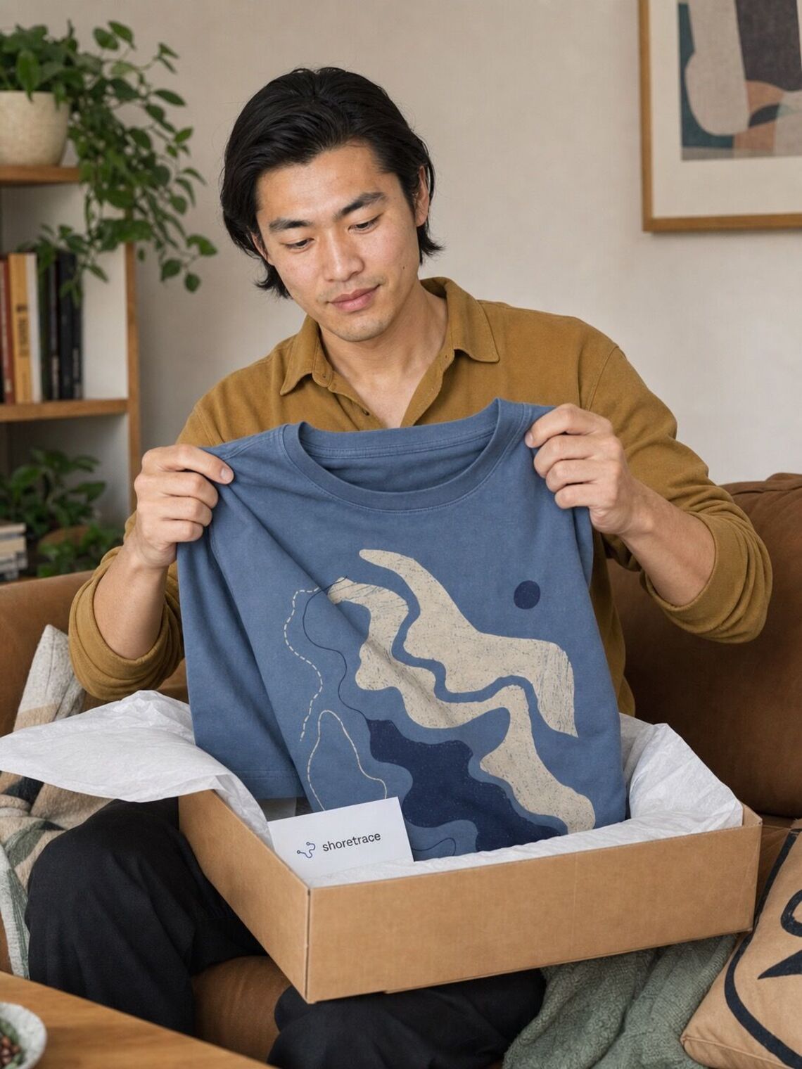 Customer unboxing the finished route-print oversized T-shirt