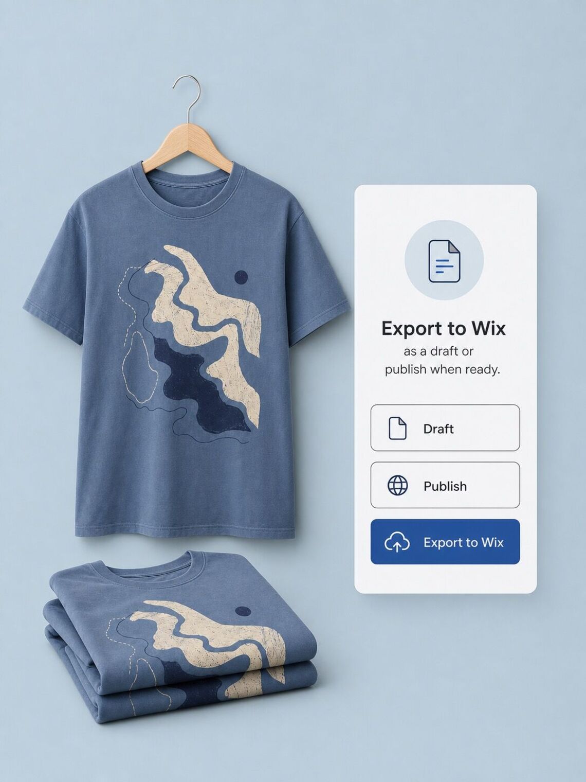Wix export panel with the printed product and listing controls