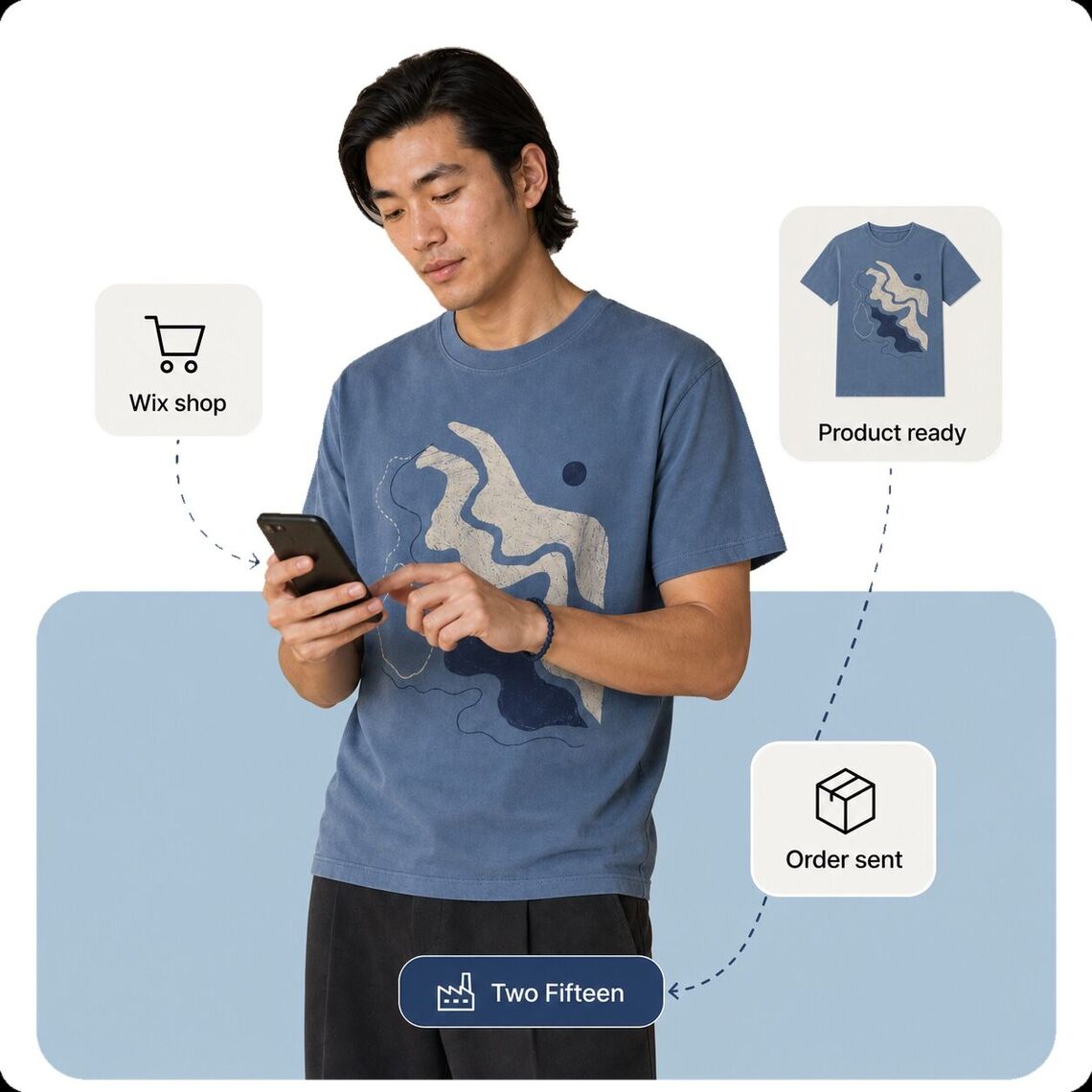 Сustomer wearing the route-print T-shirt beside connected Wix and Two Fifteen tiles