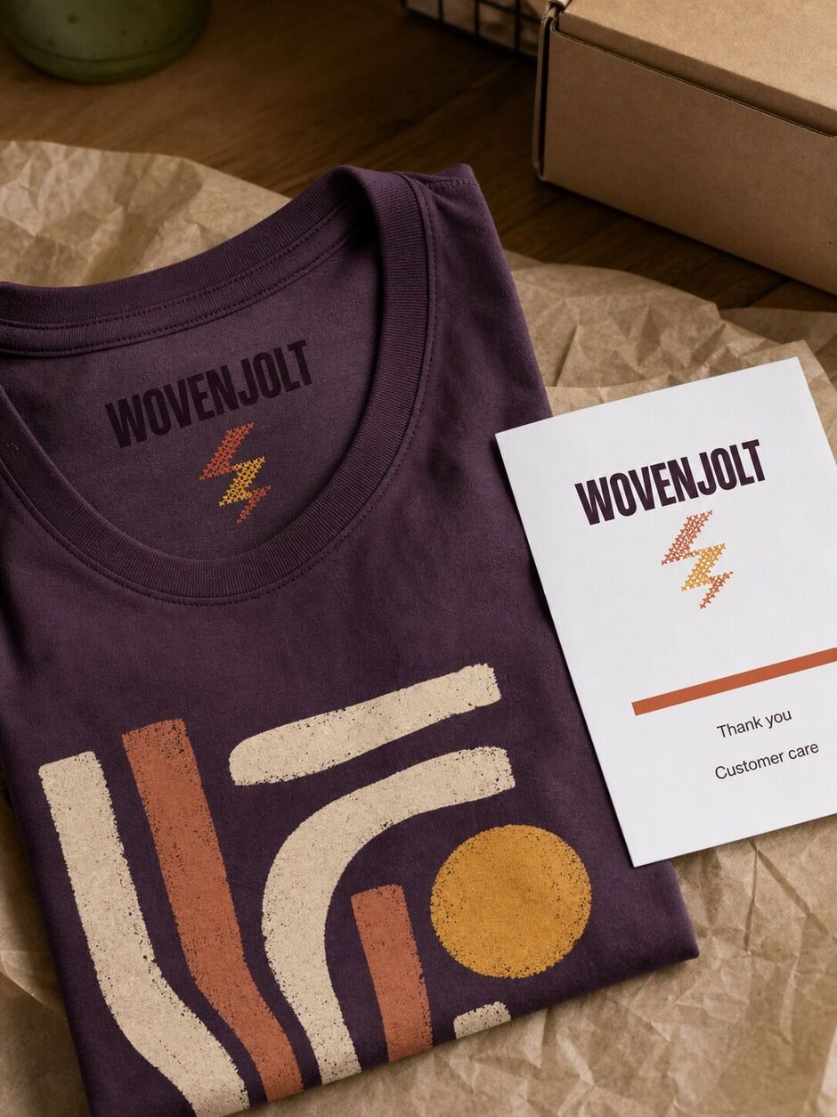 Logo printed inside a T-shirt collar beside a matching branded packing slip