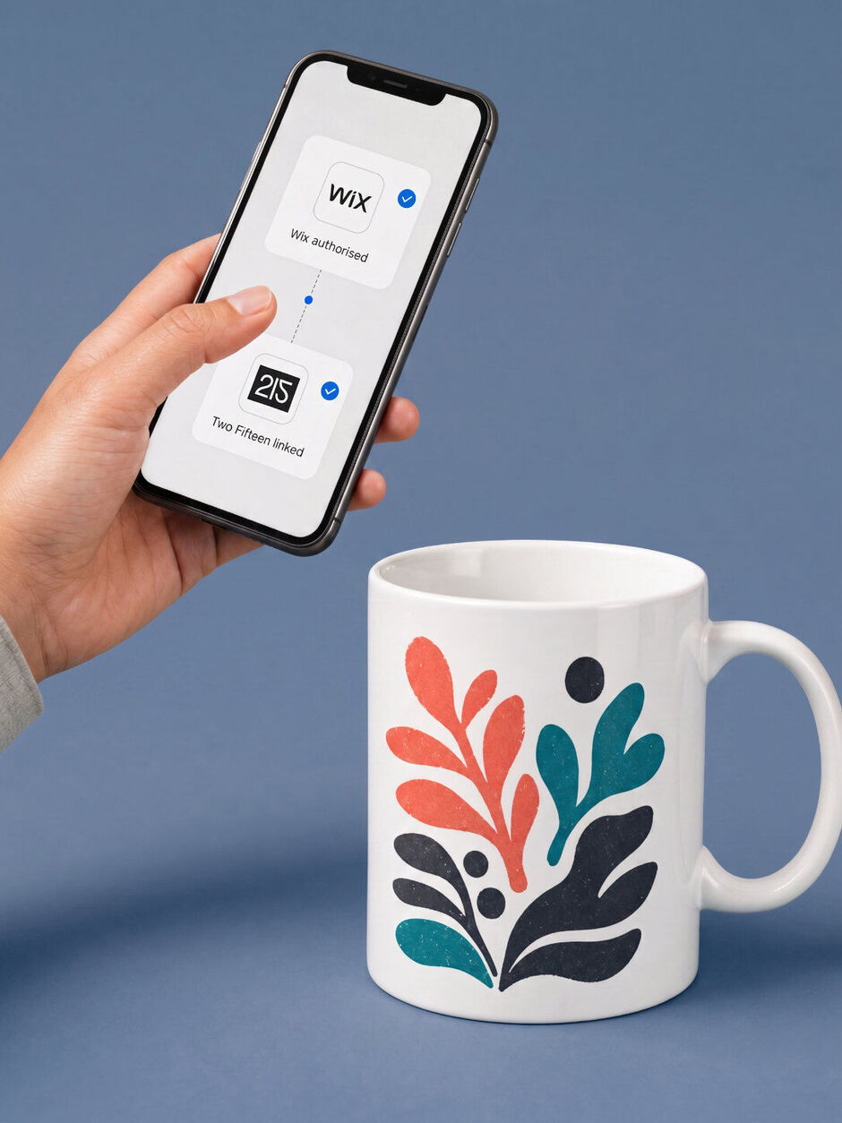 Hand authorising a Wix connection on a phone beside a white mug with a botanical print