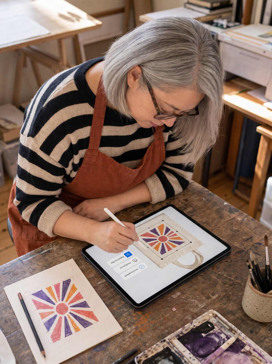 One-off creator positioning a sunburst artwork on a digital tote mock-up