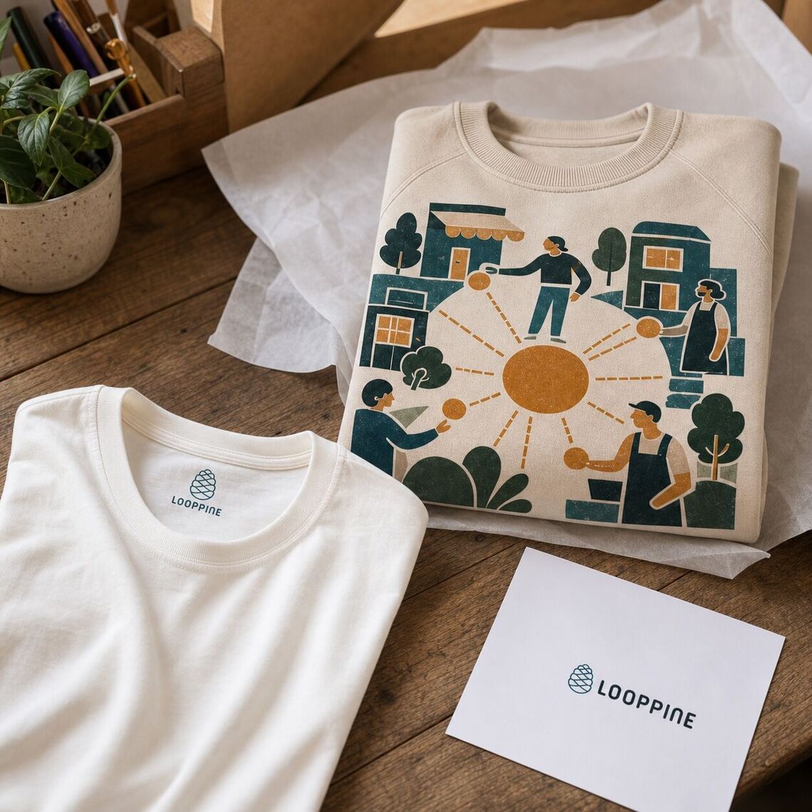 Printed sweatshirt with branded packing slip and a direct-on-fabric inside neck label