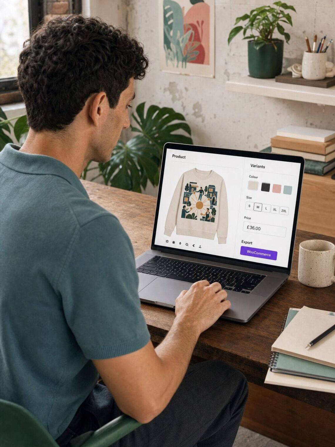 Designer preparing a sweatshirt product for WooCommerce in a digital editor