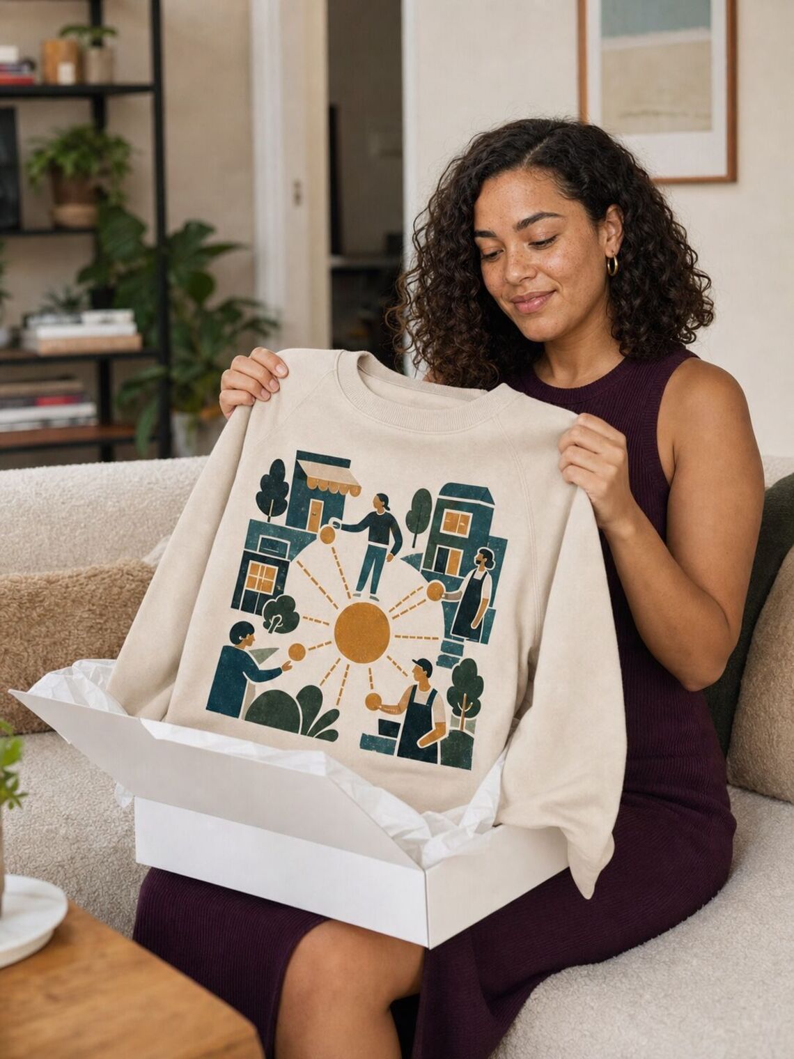 Customer opening a parcel containing the finished printed sweatshirt